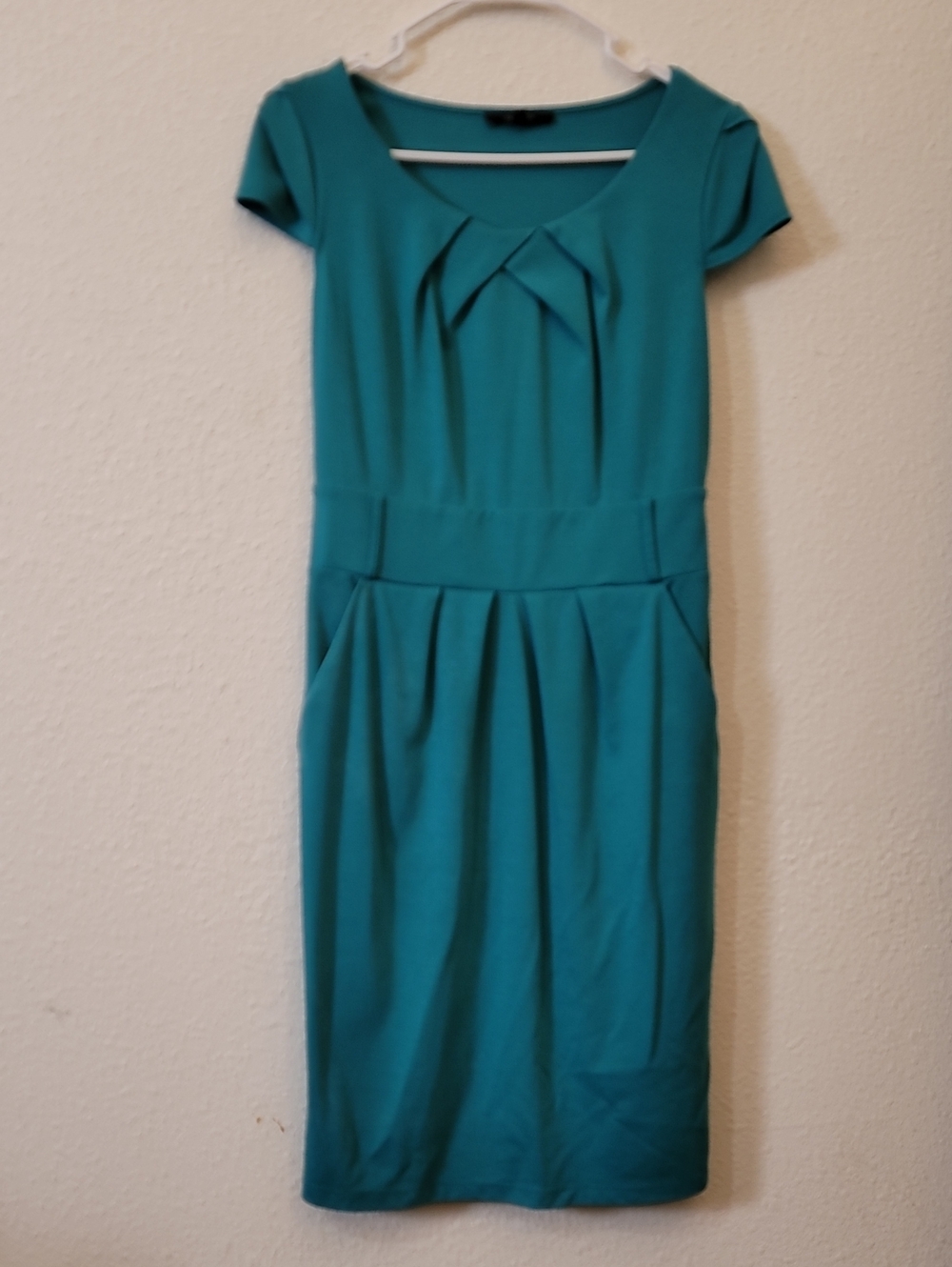 Cap-Sleeve Teal Sheath Dress with Front Pleat Detail